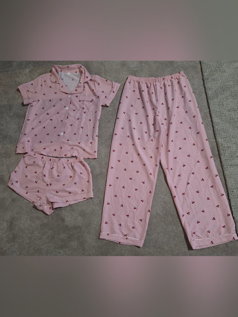 Pink Cherry Print 3 Piece Pajama Set